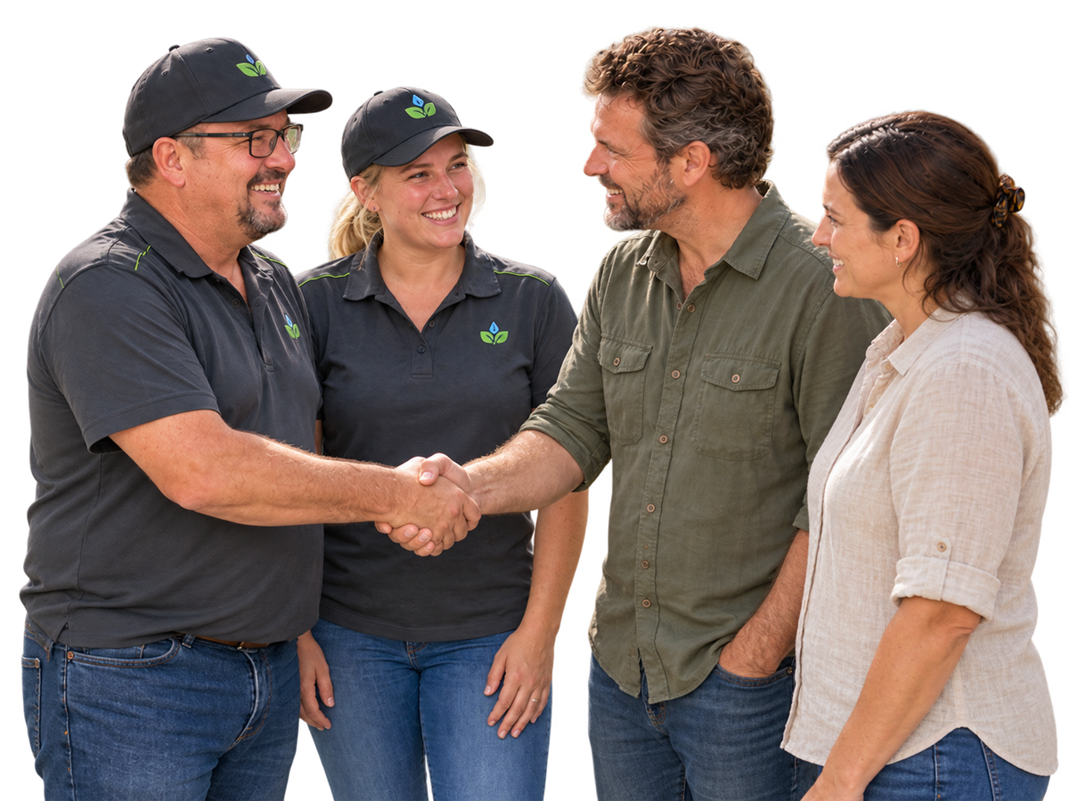 Illustration of Wynand and Rika congratulating clients with a handshake.