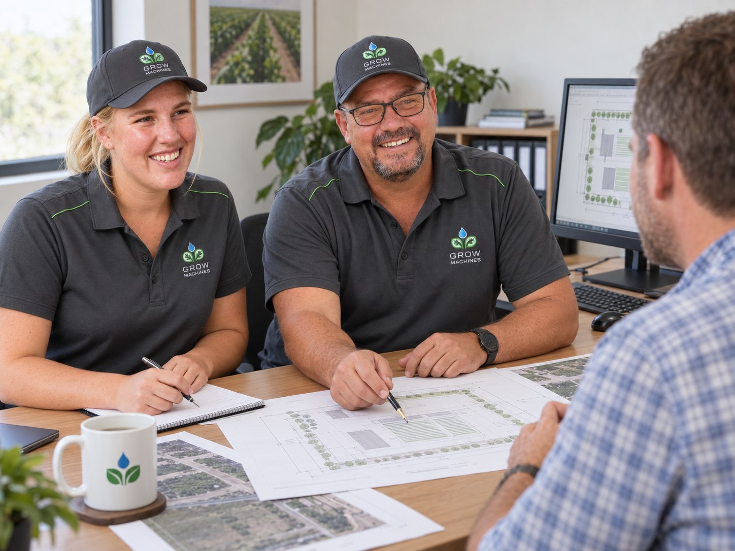 Grow Machines team discussing a hydroponic project with a client