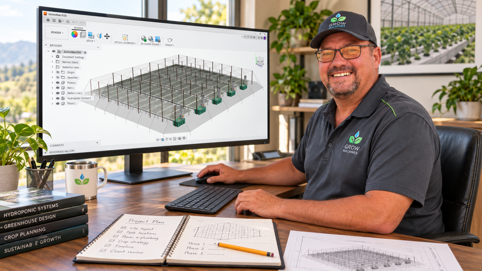 Grow Machines planning a client hydroponic project using a 3D greenhouse design