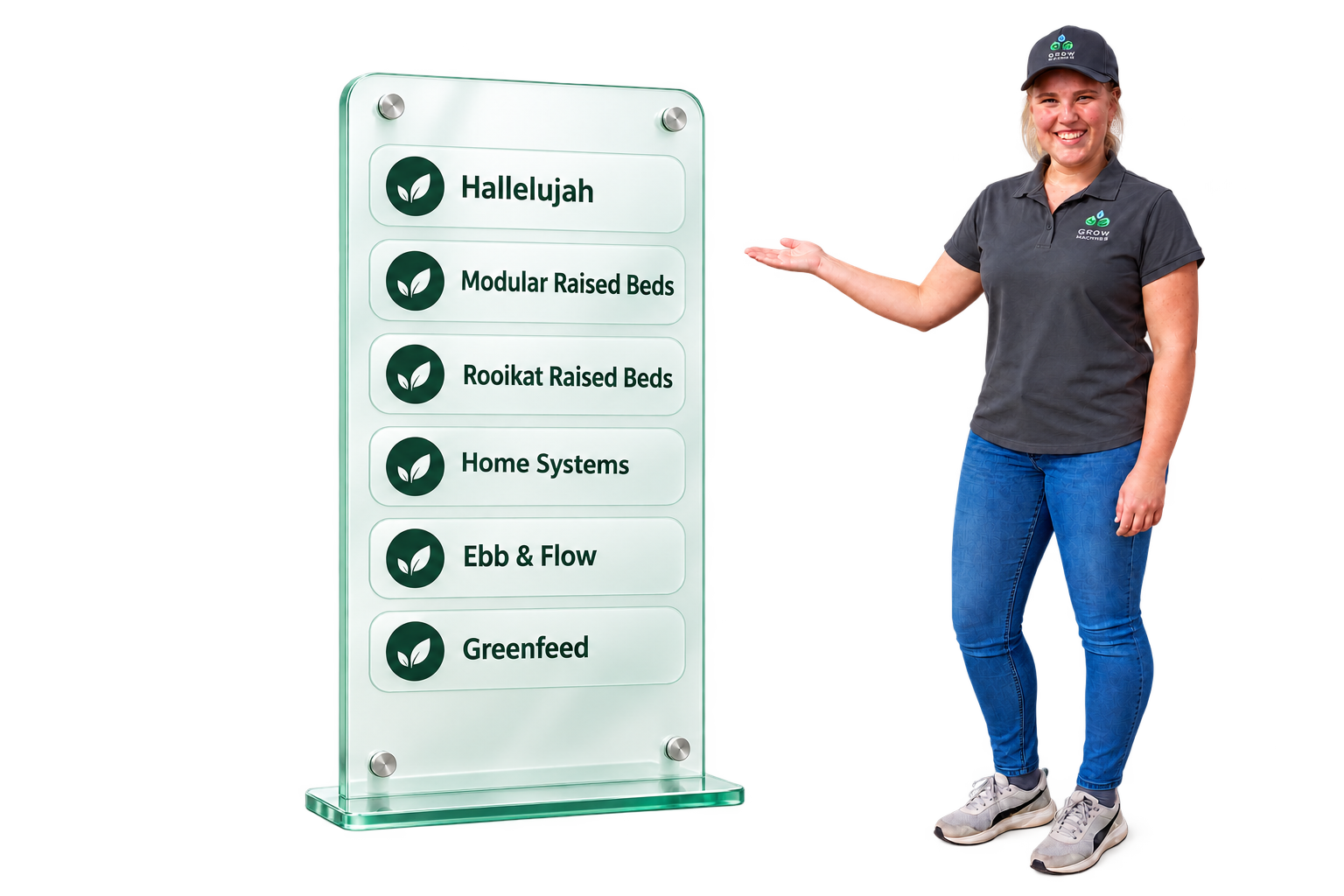 Rika from Grow Machines presenting a board with the available hydroponic systems